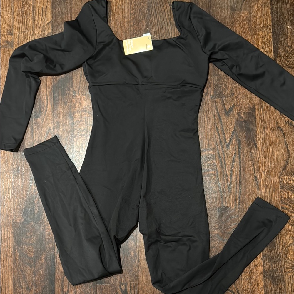 Black shapewear long sleeve square neck thigh slimming jumpsuit
